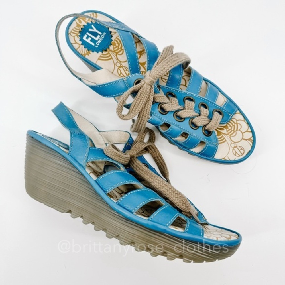 Fly London Blue and Tan Wedge Sandals